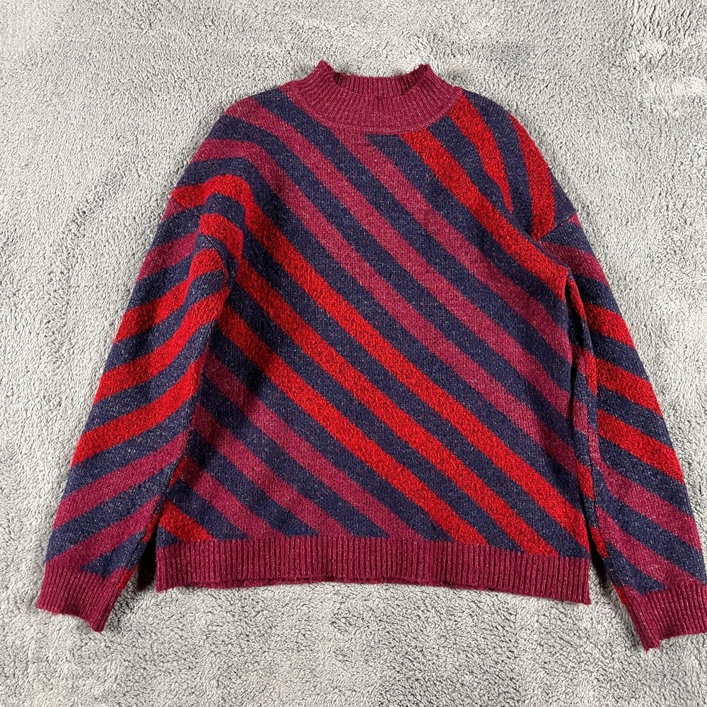 Carolyn Taylor Sweater Womens L Red Navy Diagonal Stripe Knit Mock Neck Pullover